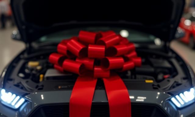 Car hood open with prize ribbon indicating free oil changes